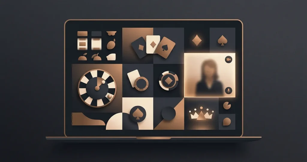Abstract laptop grid representing slots, roulette, blackjack and jackpot game categories