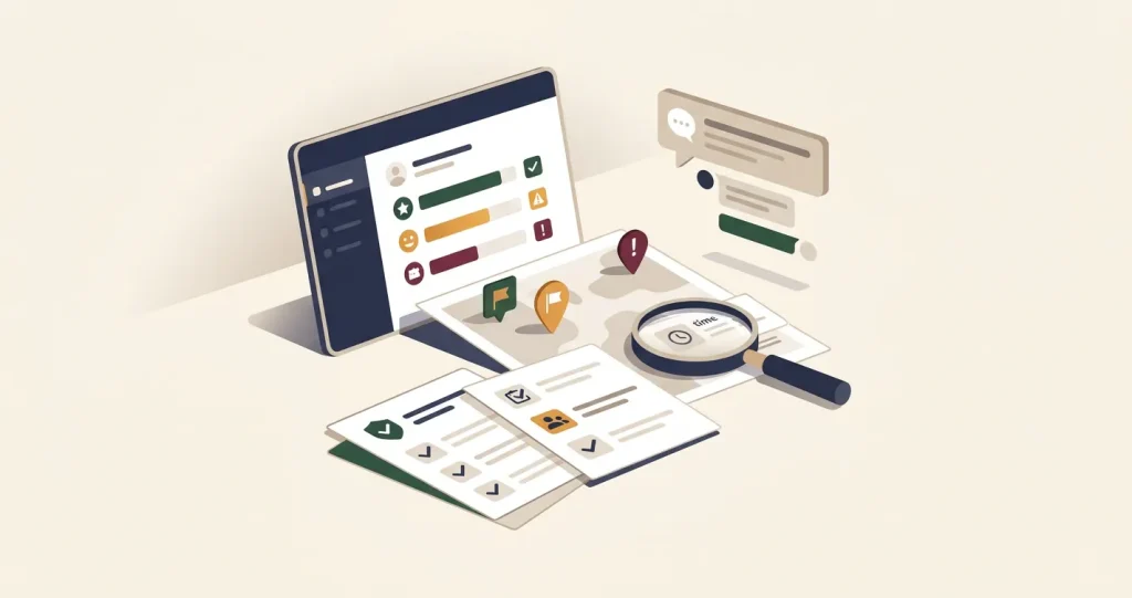 Editorial review dashboard illustration with warning markers, checklist and customer service chat bubble