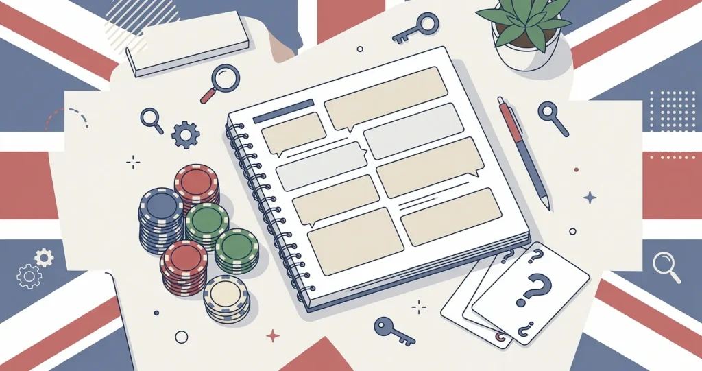 FAQ notebook illustration with casino chips, question marks and abstract UK colour accents
