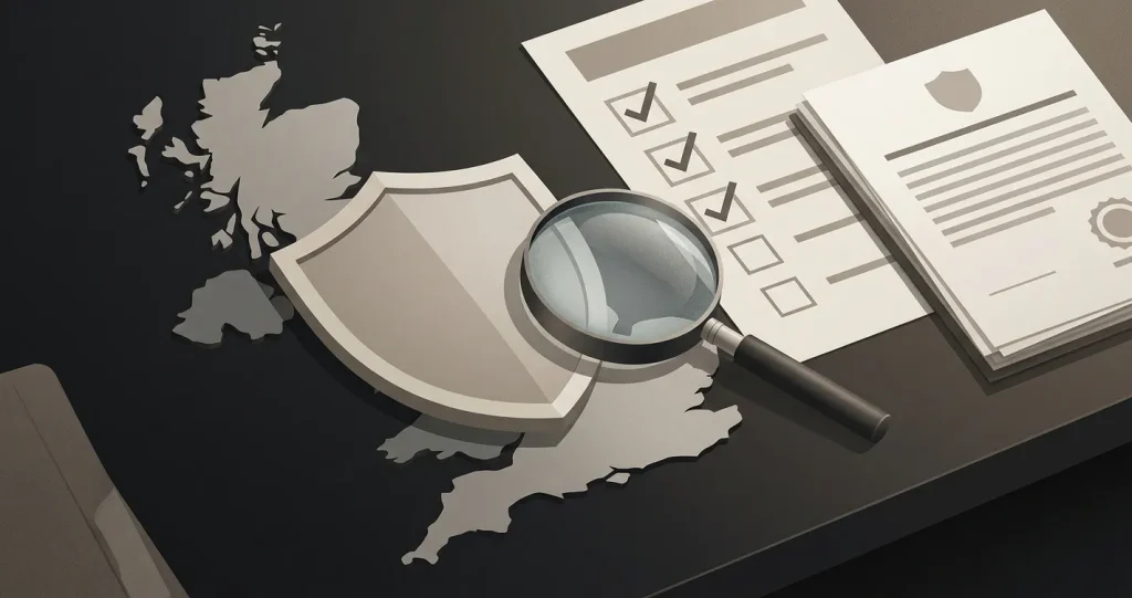 Illustration of a trust checklist with a UK map outline, shield, magnifying glass and offshore licence document
