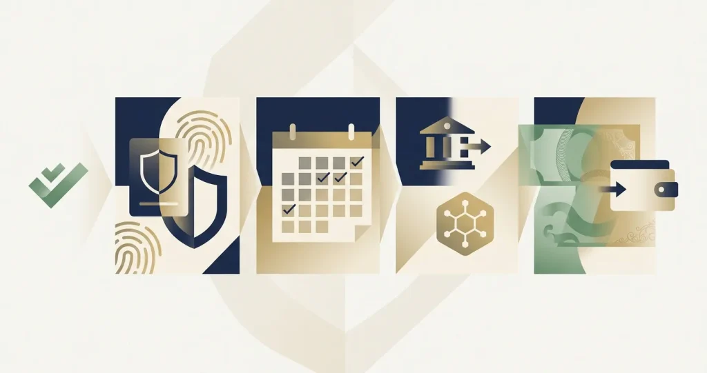Illustration of a withdrawal timeline with calendar and identity verification documents