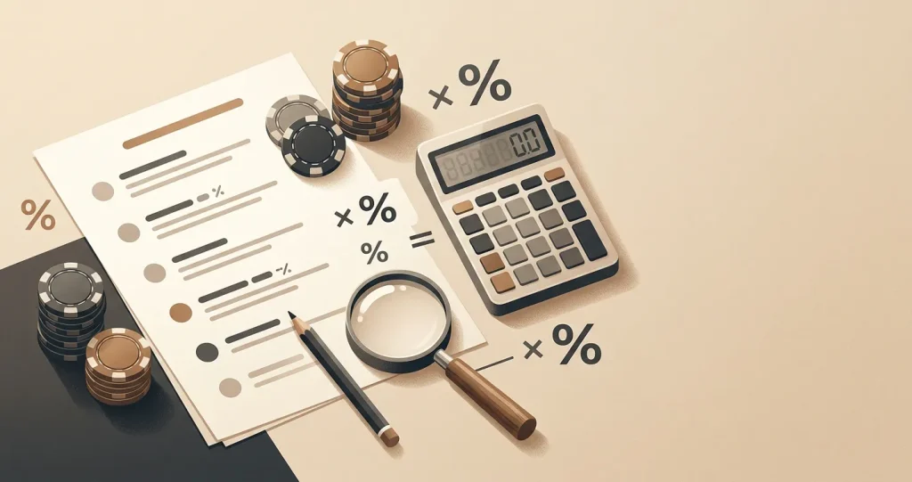 Illustration of casino bonus terms, percentage markers and a wagering calculation