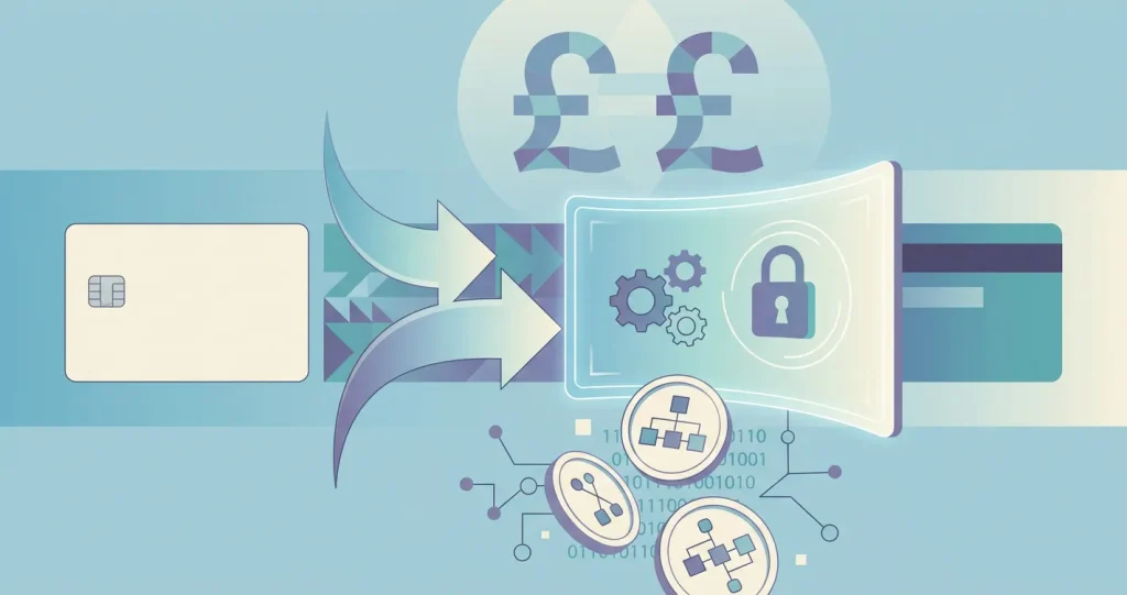 Illustration of debit card, bank transfer, cryptocurrency and GBP payment categories