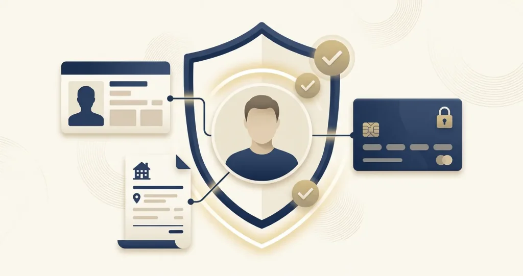 Secure account verification illustration with identity card, address document and shield