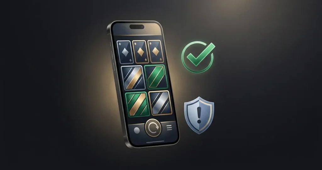 Smartphone with abstract casino tiles, verification checkmark and security shield