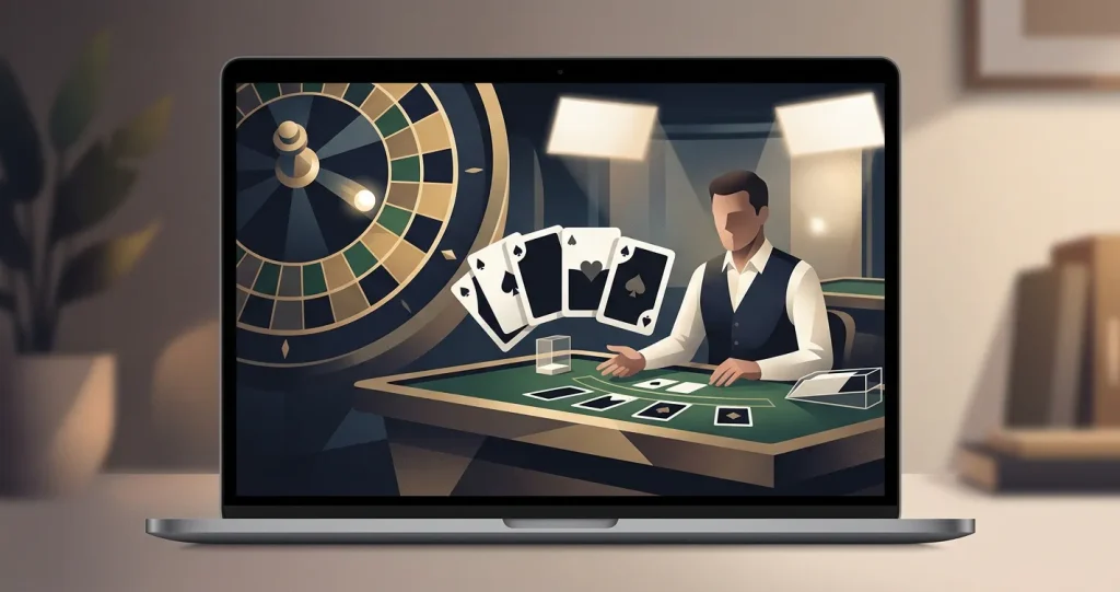 Stylised live casino table scene with roulette and blackjack silhouettes on a screen